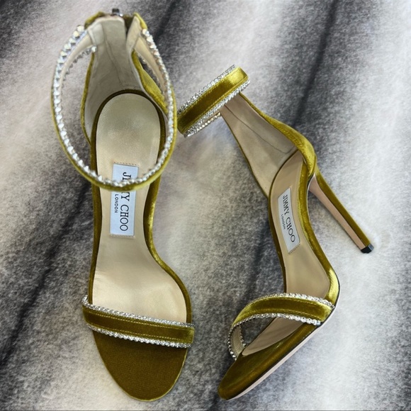 Jimmy Choo Dochas 100 Citrus Velvet Jewel Trim Heels Sandals - Picture 4 of 11